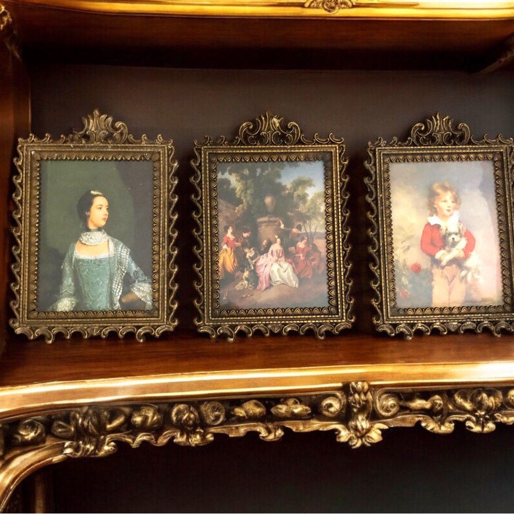 3 Vintage Italian Art Pictures Ornate Antiqued Brass Frames 5.25” x 3.5” Rococo
